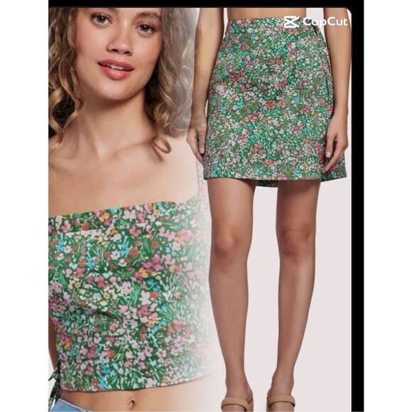 LOST & WONDER Big Sur Crop Top & mini Skirt Set  - GREEN FLORAL size S NWOT$159 - Picture 1 of 8